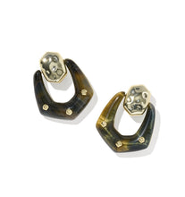 Load image into Gallery viewer, Embry Gold Open Frame Earring in Dark Brown Hawk’s Eye
