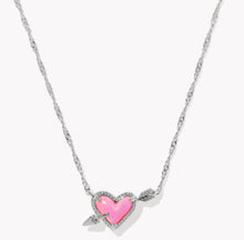 Load image into Gallery viewer, Kendra Scott Ari Heart Arrow Silver Pendant Necklace in Pink Opalescent