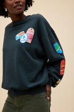 Load image into Gallery viewer, Ski Patch & Pass Collector Oversized Crew Sweatshirt in Washed Black