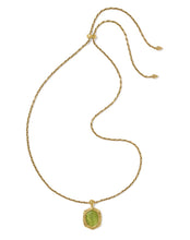 Load image into Gallery viewer, Tiger Striped Daphne Vintage Gold Small Long Pendant Necklace in Chartreuse Green Mother of Pearl