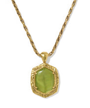 Load image into Gallery viewer, Tiger Striped Daphne Vintage Gold Small Long Pendant Necklace in Chartreuse Green Mother of Pearl