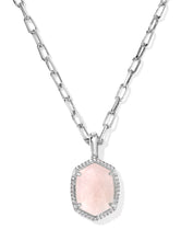Load image into Gallery viewer, Kendra Scott Daphne Silver Pave Frame Necklace in Rose Quartz