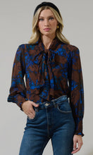Load image into Gallery viewer, Lebanon Floral Etienne Tie Neck Blouse in Brown/Blue Multi