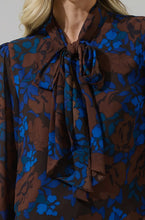 Load image into Gallery viewer, Lebanon Floral Etienne Tie Neck Blouse in Brown/Blue Multi