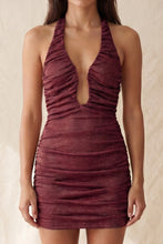 Load image into Gallery viewer, Plunge Halter Mini Dress in Metallic Wine