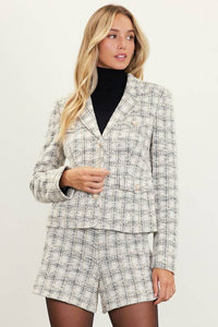 Plaid Tweed Button Down Lady Jacket in Ivory & Black