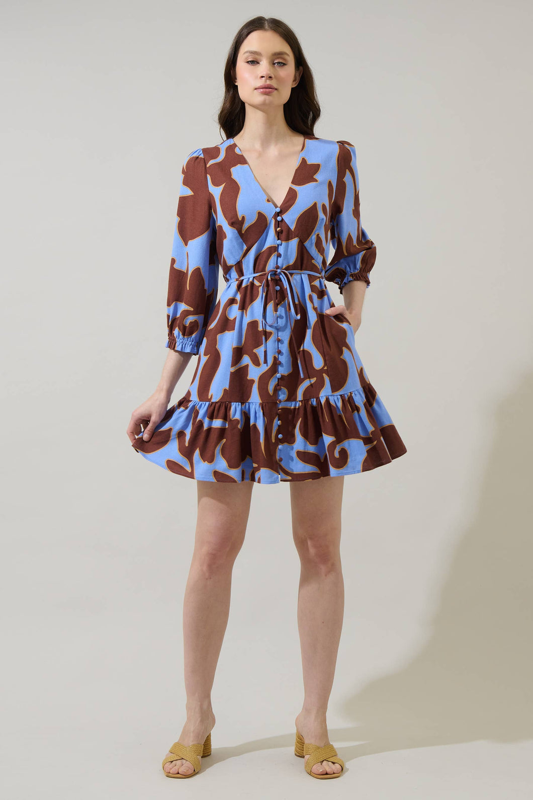 Briley Floral Shift Mini Dress in Brown & Blue Combo