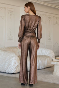 Foil Textured Ruched Long Sleeve Top in Brown