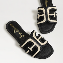 Load image into Gallery viewer, Bay Multicolor Slide Sandal in Black Linen Faux Raffia
