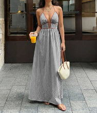 Load image into Gallery viewer, Halter Maxi Dress in Black &amp; White Stripe
