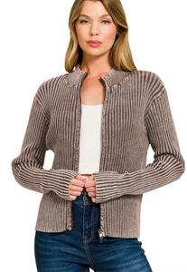 Two-Tone Zip-Up Sweater in Brown