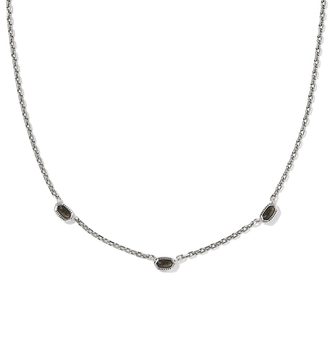 Kendra Scott Mini Elisa Vintage Silver Three Stone Necklace in Golden Obsidian
