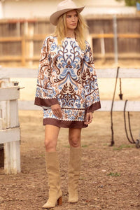 Border Print Mini Dress in Ivory Brown Combo