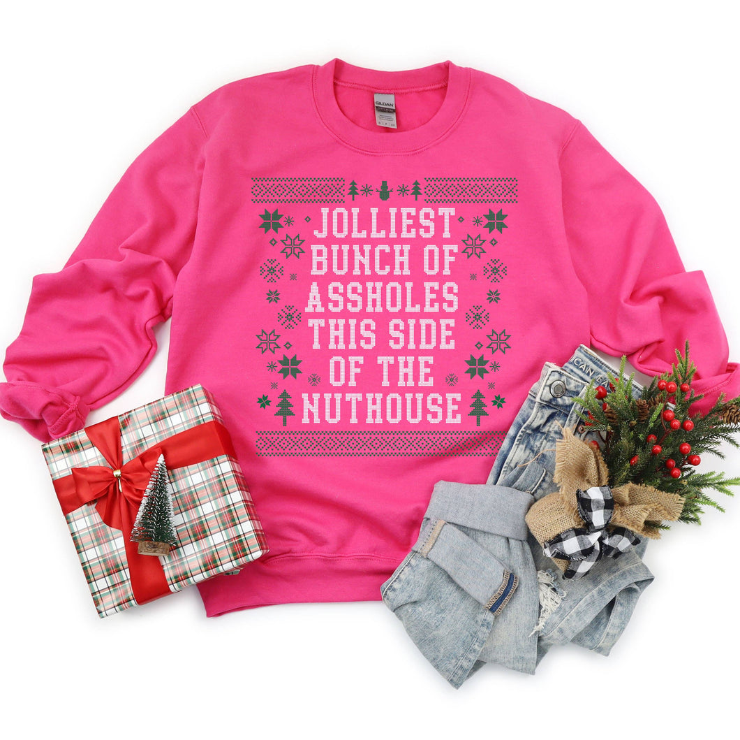 Holiday Crewneck Jolliest Bunch in Bright Pink