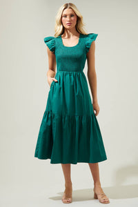 Ingrid Poplin Smocked Tiered Midi Dress in Emerald