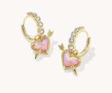 Load image into Gallery viewer, Kendra Scott Ari Heart Arrow Gold Huggie Earring in Pink Opalescent
