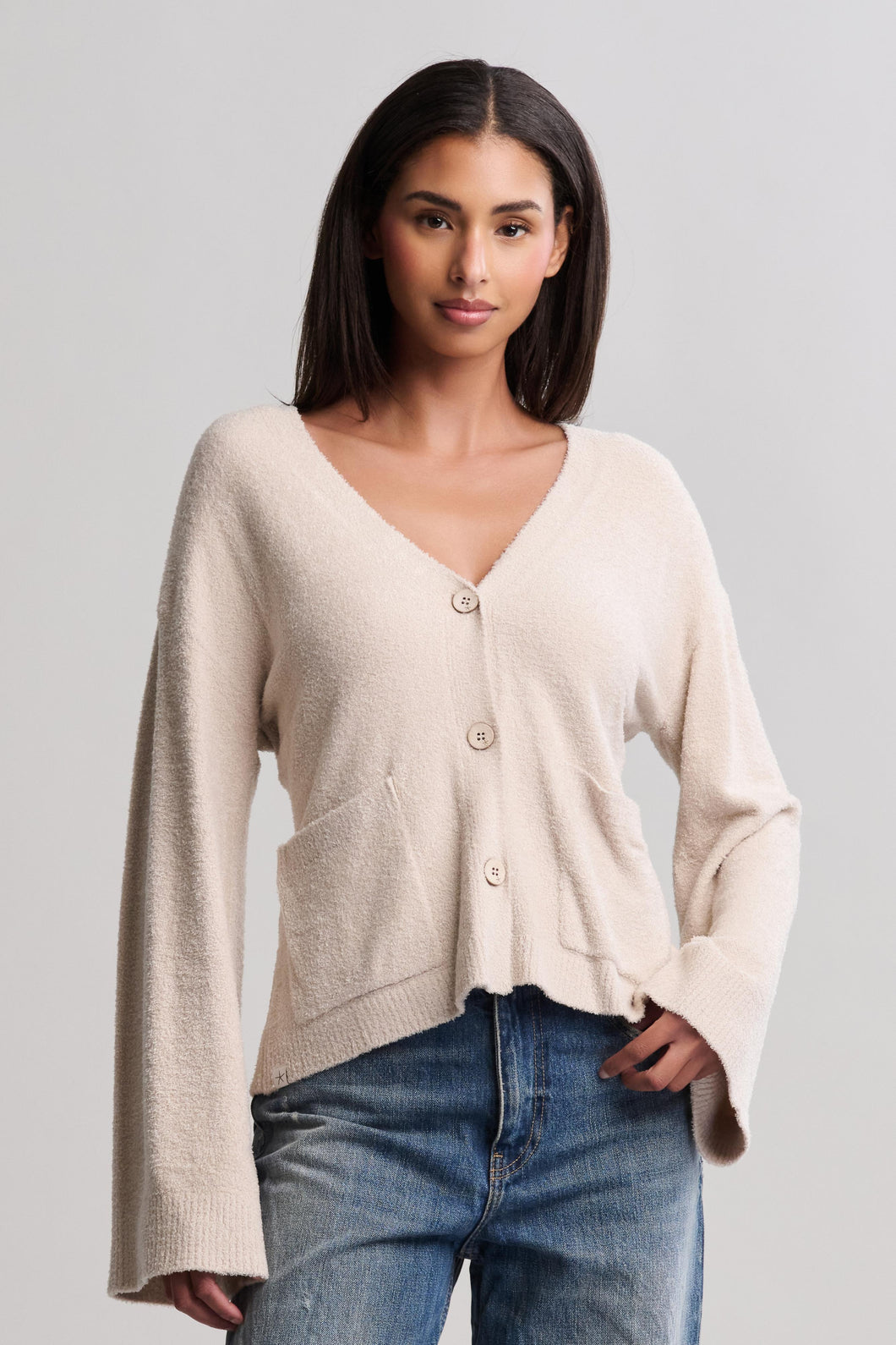 CozyChic Lite Wide Sleeve Button Front Cardigan in Stone