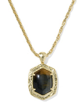 Load image into Gallery viewer, Tiger Striped Daphne Gold Small Long Pendant Necklace in Dark Brown Hawk’s Eye
