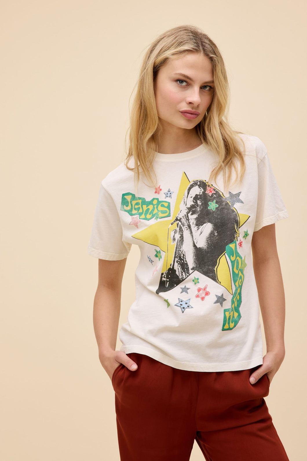 Janis Joplin Scrapbook Art BF Tee in Stone Vintage