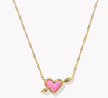 Load image into Gallery viewer, Kendra Scott Ari Heart Arrow Gold Pendant Necklace in Pink Opalescent
