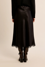 Load image into Gallery viewer, Lace Hem Satin Midi Skirt in Black
