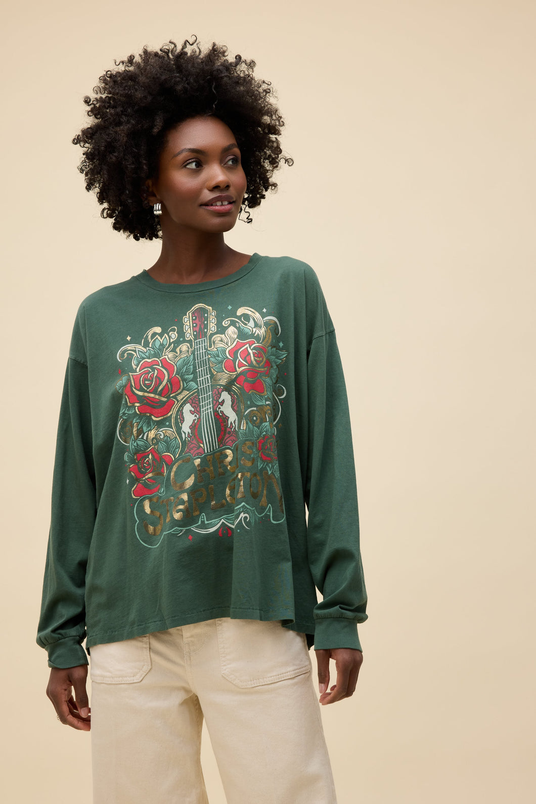 Chris Stapleton Guitar & Roses Merch Long Sleeve in Deep Green
