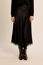 Load image into Gallery viewer, Lace Hem Satin Midi Skirt in Black
