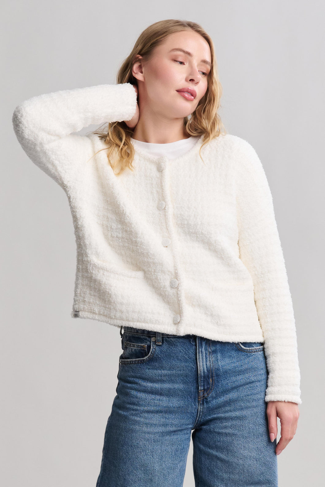 CozyChic Textured Button Front Cardigan in Pearl
