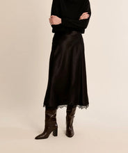 Load image into Gallery viewer, Lace Hem Satin Midi Skirt in Black
