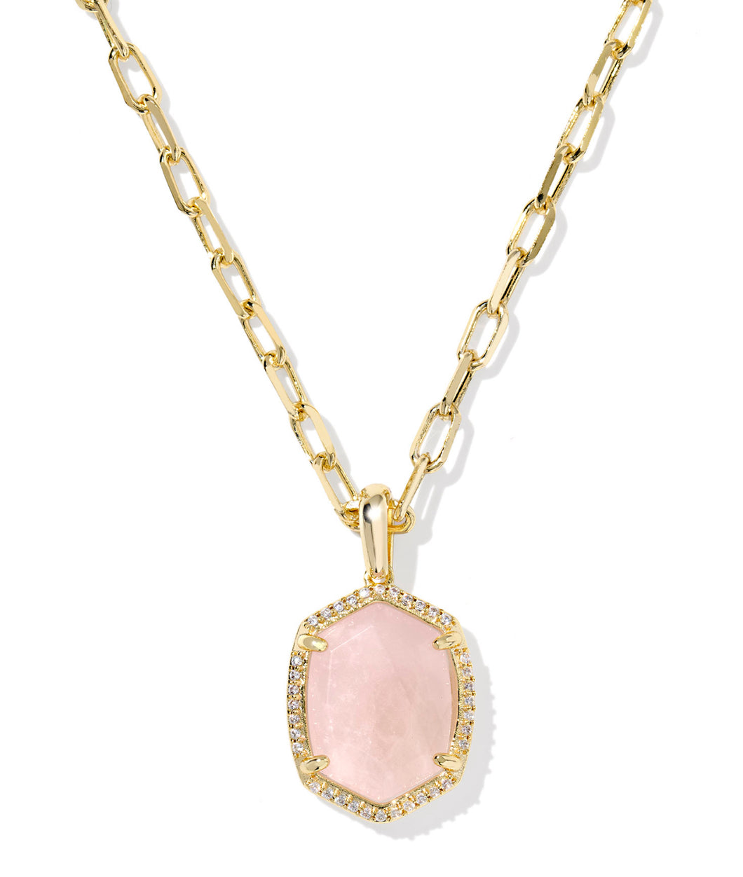 Kendra Scott Daphne Gold Pave Frame Necklace in Rose Quartz