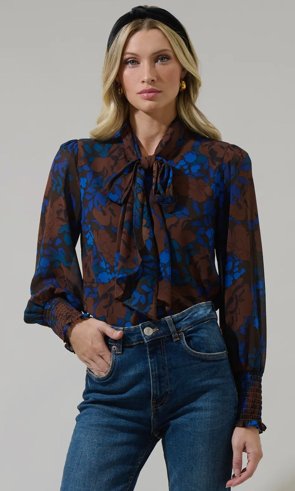 Lebanon Floral Etienne Tie Neck Blouse in Brown/Blue Multi