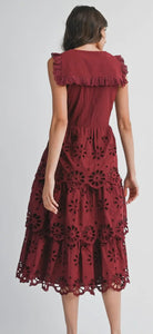 Cotton Lace Tiered Midi Dress in Dark Spice