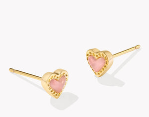 Kendra Scott Mini Ari Heart Stud Gold Earring in Rose Quartz