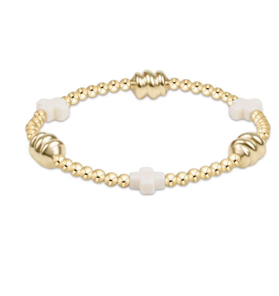 Signature Cross Admire Gold Pattern 3mm Bead Bracelet - Off-White