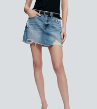 Load image into Gallery viewer, A-Line Denim Mini Skirt With Frayed Hem
