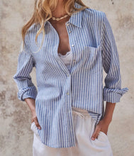 Load image into Gallery viewer, Costal Striped Linen-Blend Button Down Top in Blue
