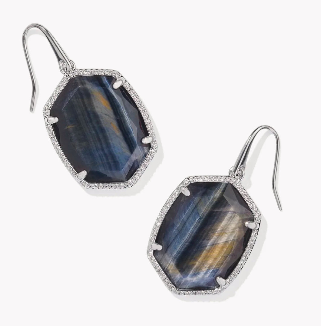 Kendra Scott Daphne Silver Pave Frame Drop Earring in Navy Tigers Eye