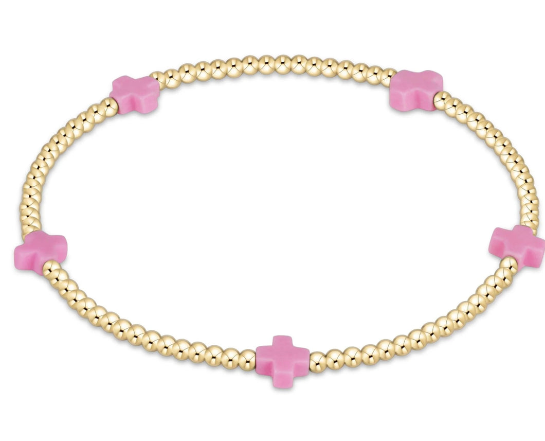 EGIRL Signature Cross Small Gold Pattern 2mm Bead Bracelet - Bright Pink