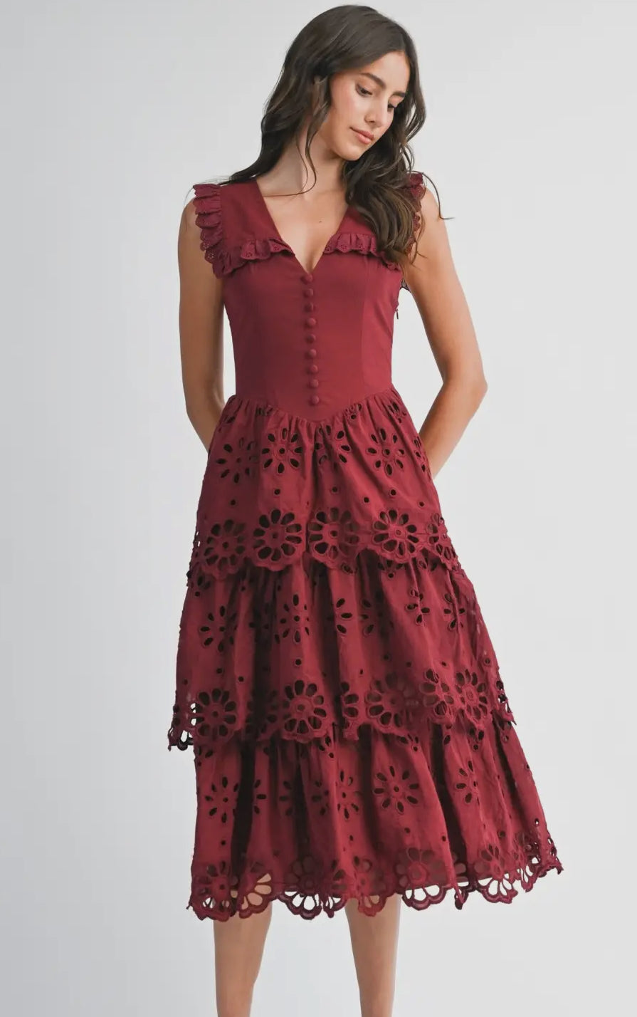 Cotton Lace Tiered Midi Dress in Dark Spice