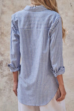 Load image into Gallery viewer, Costal Striped Linen-Blend Button Down Top in Blue
