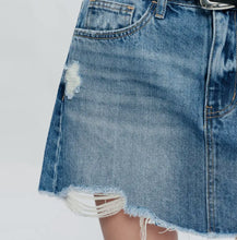 Load image into Gallery viewer, A-Line Denim Mini Skirt With Frayed Hem
