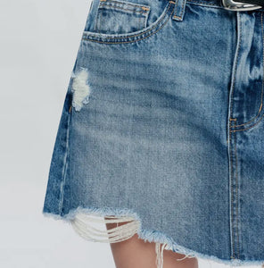 A-Line Denim Mini Skirt With Frayed Hem