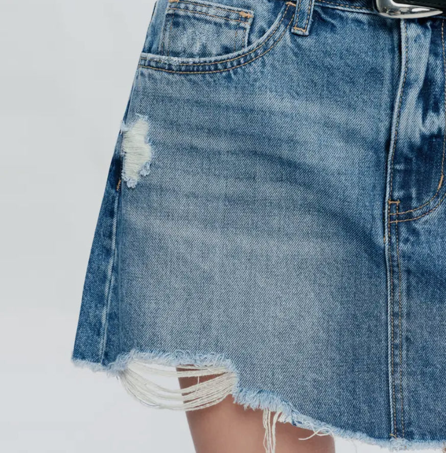 A-Line Denim Mini Skirt With Frayed Hem