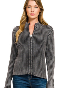 Two-Tone Zip-Up Sweater in Black
