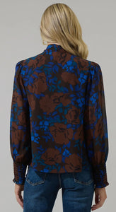 Lebanon Floral Etienne Tie Neck Blouse in Brown/Blue Multi