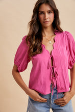 Load image into Gallery viewer, Scallop Detailed Neck Tie Front Blouse in Pink
