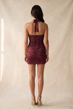 Load image into Gallery viewer, Plunge Halter Mini Dress in Metallic Wine
