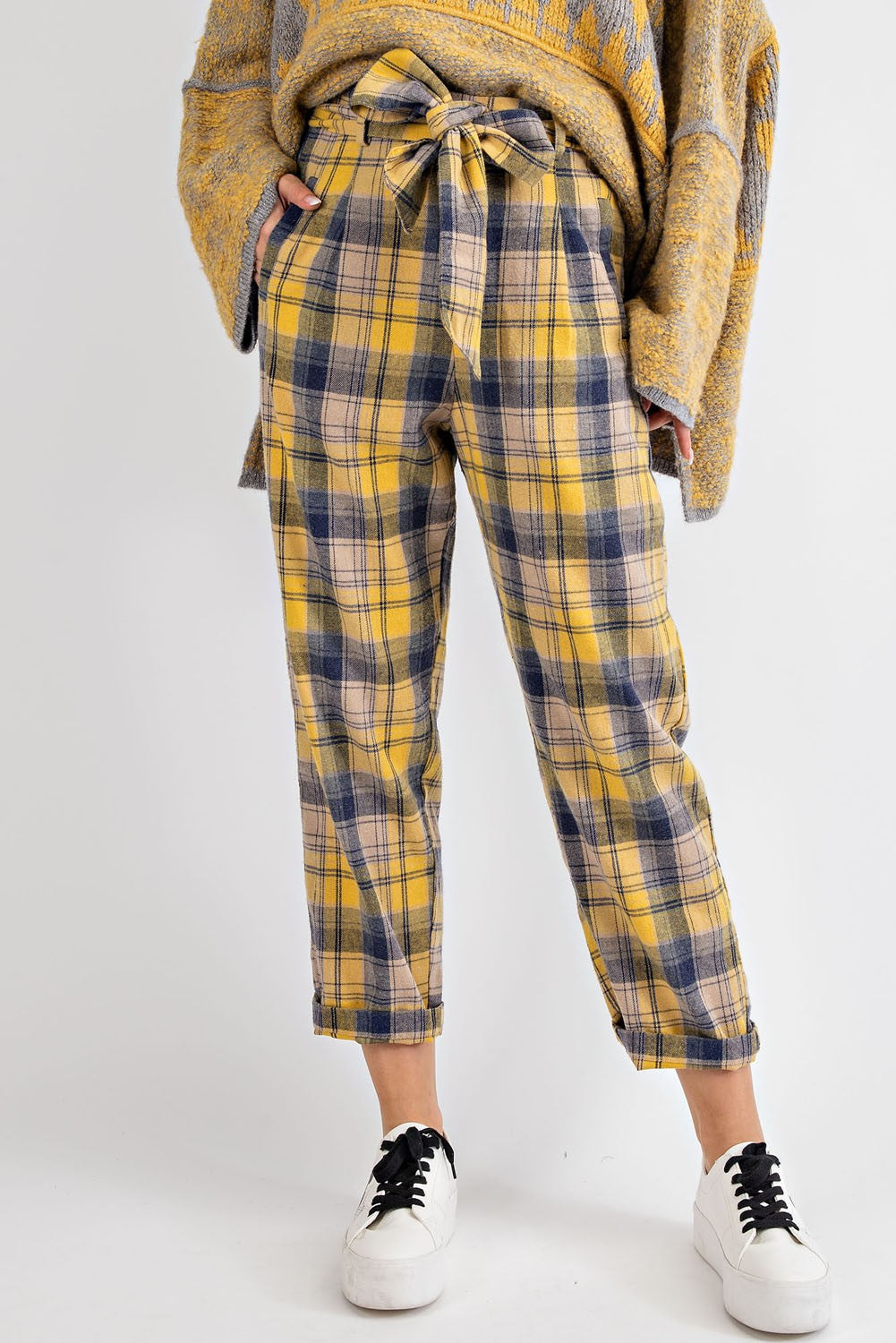 Plaid Washed Tie Waist Pants