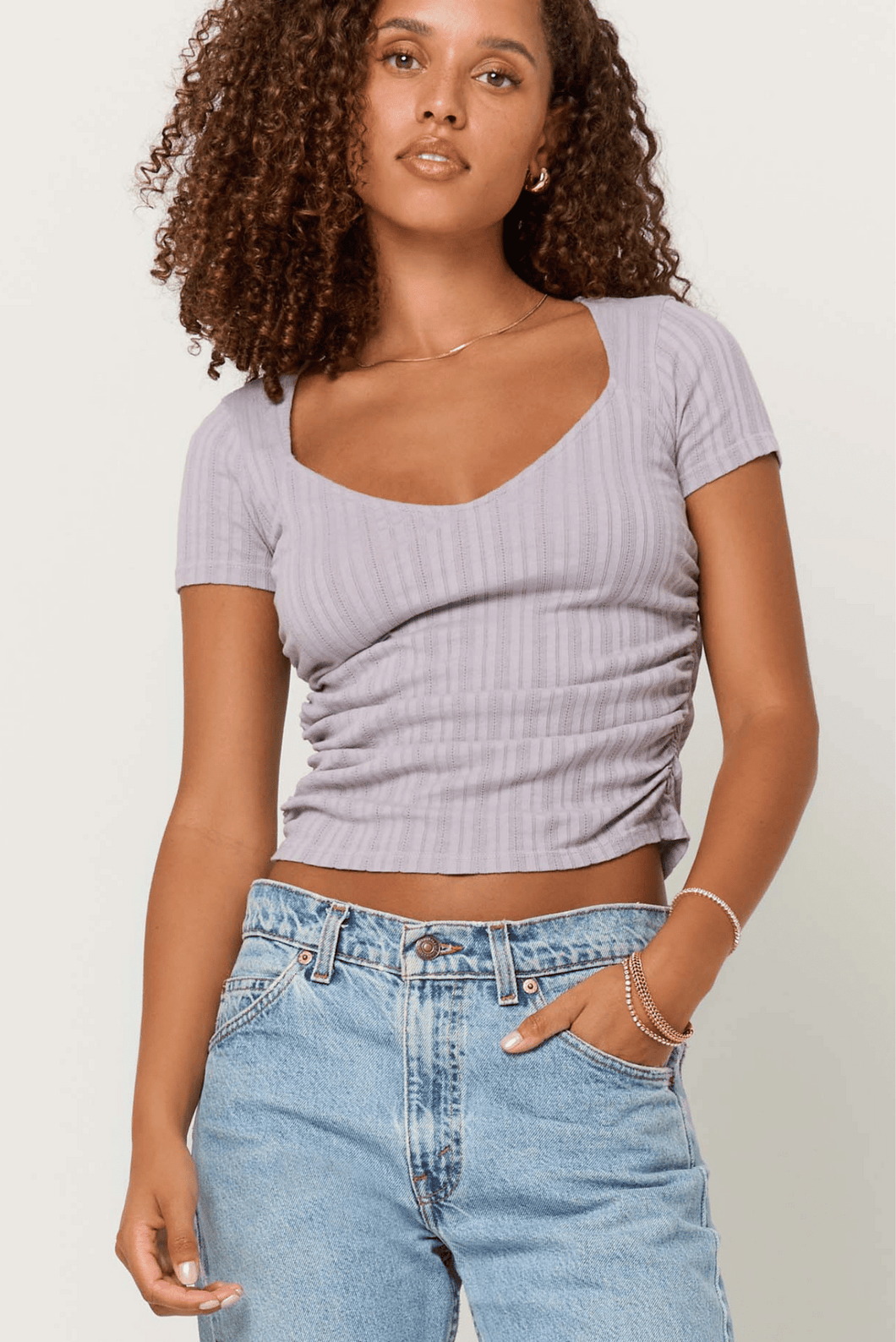 Dylana Pointelle Sweetheart Neck Tee in Violet Stone