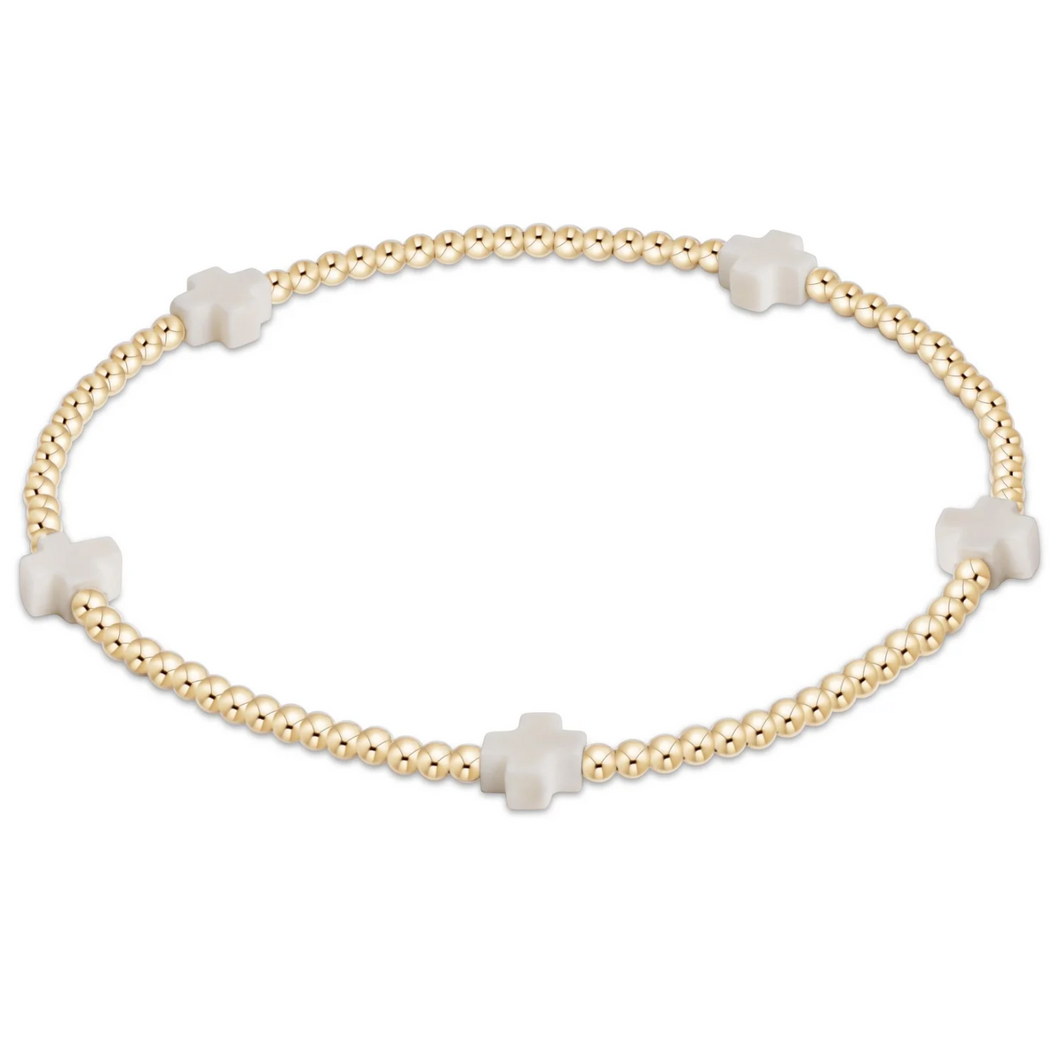EGIRL Signature Cross Small Gold Pattern 2mm Bead Bracelet - Off-White